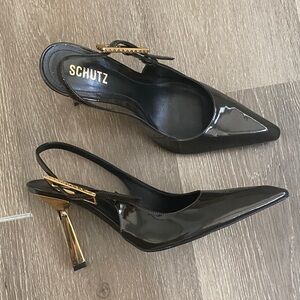 SCHUTZ brown Patent Heels with Gold Accents